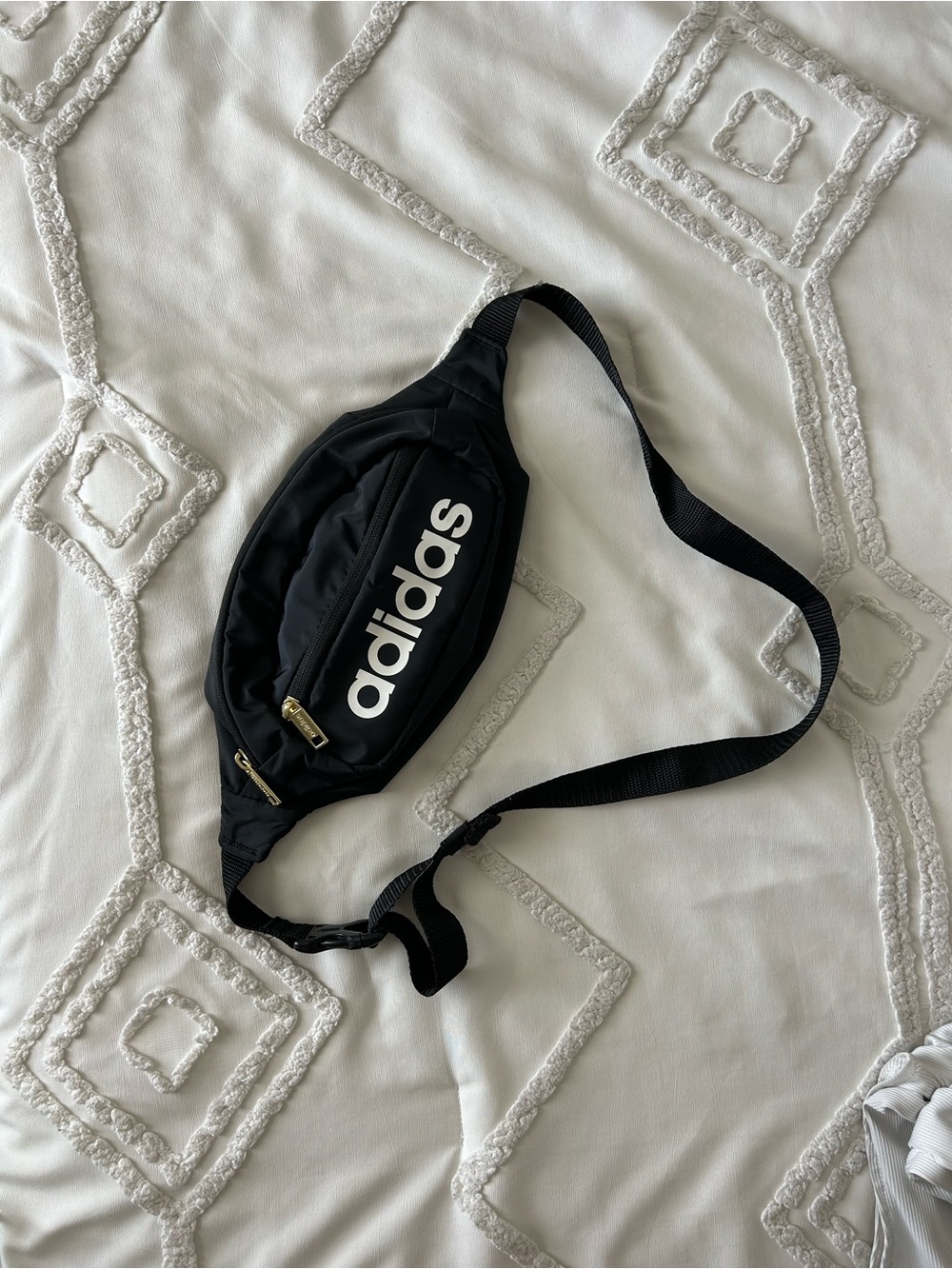 Adidas Black Fanny Pack with White Logo and Gold Zippers